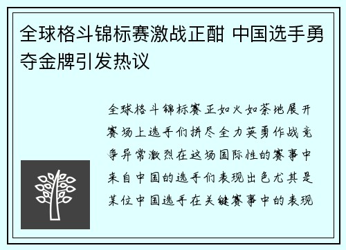 全球格斗锦标赛激战正酣 中国选手勇夺金牌引发热议