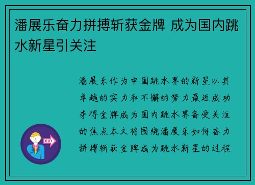 潘展乐奋力拼搏斩获金牌 成为国内跳水新星引关注