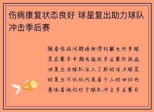 伤病康复状态良好 球星复出助力球队冲击季后赛