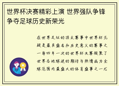 世界杯决赛精彩上演 世界强队争锋 争夺足球历史新荣光