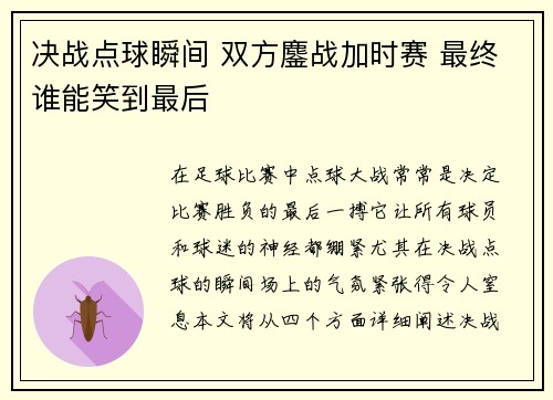 决战点球瞬间 双方鏖战加时赛 最终谁能笑到最后