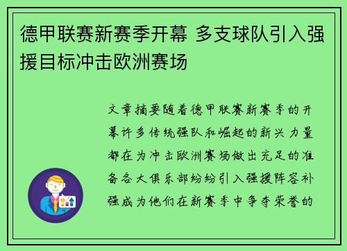 德甲联赛新赛季开幕 多支球队引入强援目标冲击欧洲赛场